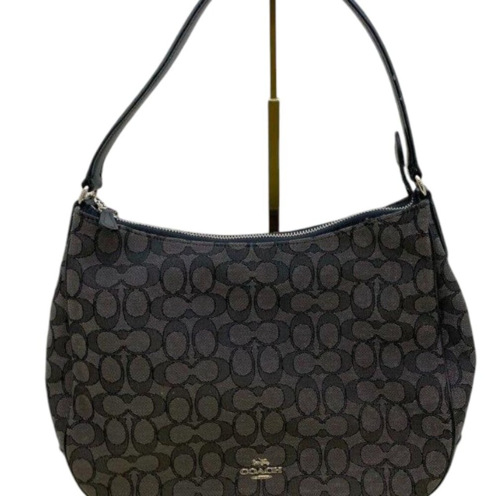 Coach Signature Zip-Top Hobo Bag – Black & Gray Monogram Canvas - Picture 2 of 14